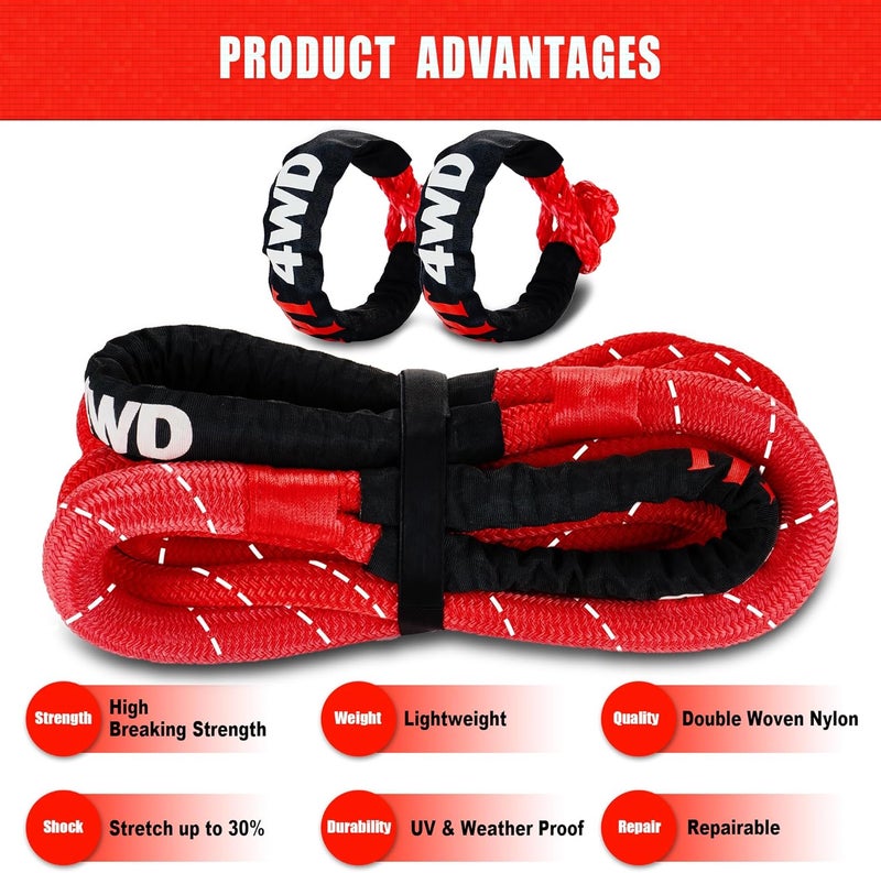 TYT Kinetic Recovery Rope,(1in x 30ft Black) 48000lbs Snatch Strap, Heavy Duty Stretch Nylon Towing Ropes with 2pcs Soft Shackles for Offroad Vehicle,Jeep,SUV,ATV,UTV,Tractor Elastic Ropes Kit - Image 3